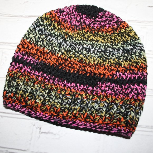 🖤🌈 Black + Rainbow Striped Beanie – Handmade Crochet · OS * - Picture 4 of 5